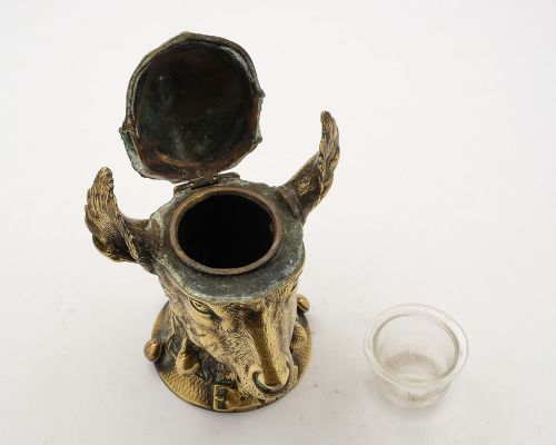 Unusual Victorian Brass Goats Head Ink Pot - circa 1880