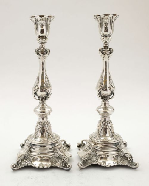 Elegant Pair Large Silver Plated Polish Candlesticks - circa 1880
