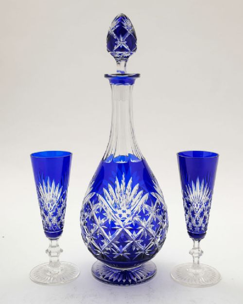Fabulous Edwardian Blue Overlay Decanter with 2 matching glasses - circa 1905