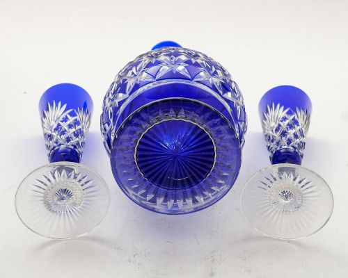 Fabulous Edwardian Blue Overlay Decanter with 2 matching glasses - circa 1905