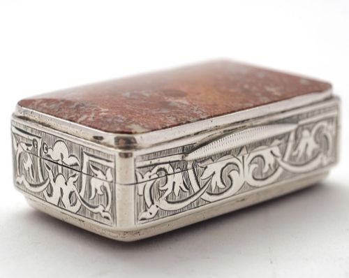 Gorgeous Victorian Silver and Stone Snuff Box - Birmingham 1877