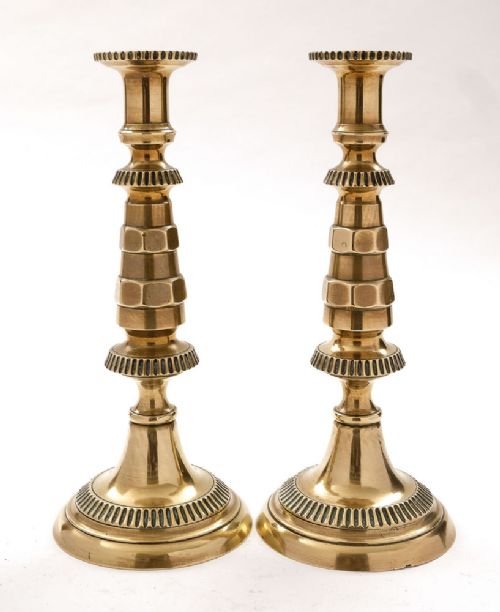 Rare Pair Victorian Industrial Style Brass Candlesticks - circa 1890