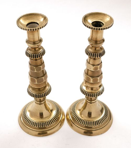 Rare Pair Victorian Industrial Style Brass Candlesticks - circa 1890