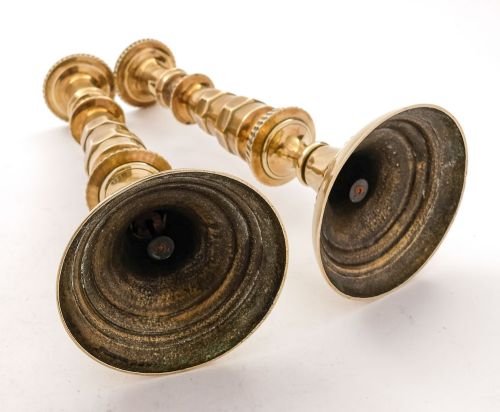 Rare Pair Victorian Industrial Style Brass Candlesticks - circa 1890