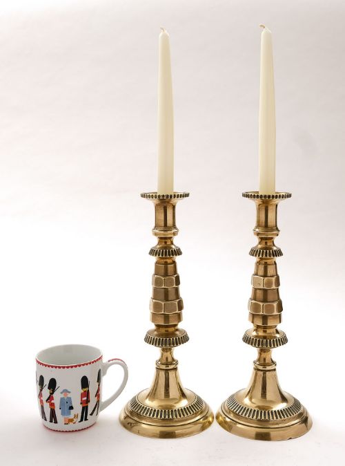 Rare Pair Victorian Industrial Style Brass Candlesticks - circa 1890