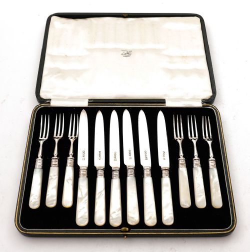 Fabulous Edwardian Mother of Pearl & Silver Dessert Set - Sheffield 1905