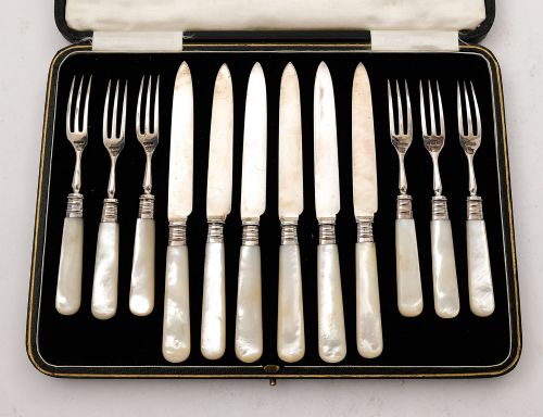 Fabulous Edwardian Mother of Pearl & Silver Dessert Set - Sheffield 1905