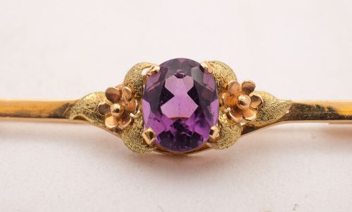 Gorgeous Three colour Gold and Amethyst Bar Brooch circa 1900