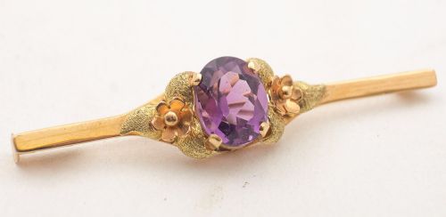 Gorgeous Three colour Gold and Amethyst Bar Brooch circa 1900