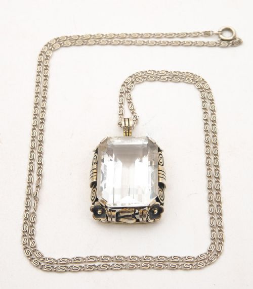 Super Large Danish Silver & Cut Crystal Pendant - circa 1930