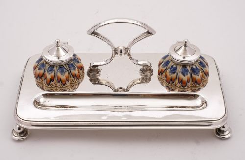 Nice Victorian Silver Plated & China Ink Stand Circa 1890