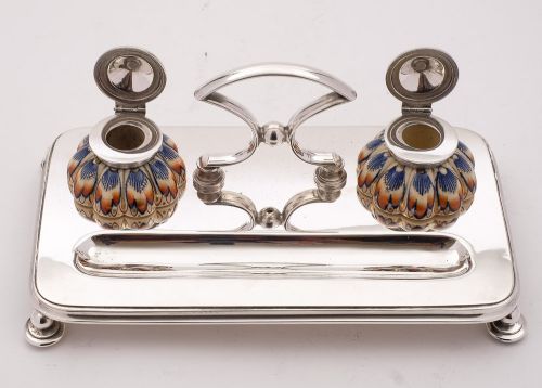 Nice Victorian Silver Plated & China Ink Stand Circa 1890