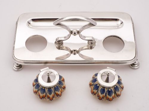 Nice Victorian Silver Plated & China Ink Stand Circa 1890