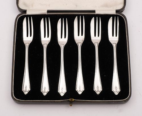Lovely Cased Set of 6 Silver Art Deco Cake Forks Birmingham 1938