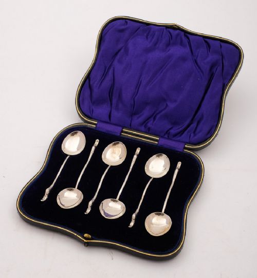 Ungewöhnliches Set aus 6 silbernen Schwanenhalslöffeln - Birmingham 1906