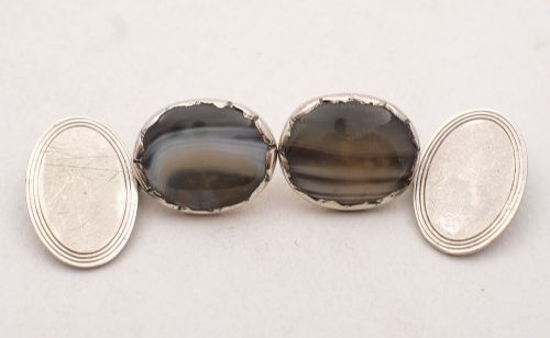 Nice Pair of Edwardian Silver & Agate Cufflinks Circa 1905