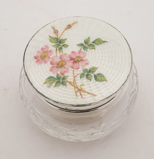 Gorgeous Vintage Enamel & Silver Topped Jar Birmingham 1951