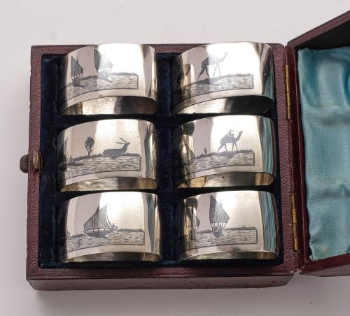Nice Set of 6 Middle Eastern Silver Napkin Rings - circa 1920