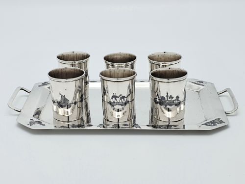Fabulous Middle Eastern Silver Set of Cups on Tray - circa 1920
