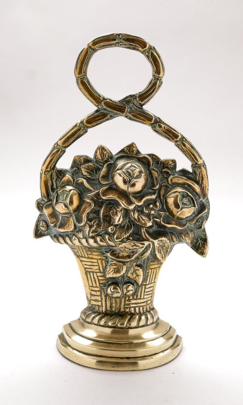 Victorian antique flower basket brass door stop - door porter - circa 1890