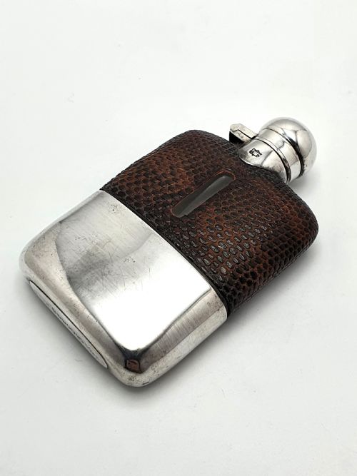 Handsome English Antique Silver Plate and Leather Hip Flask - circa 1920