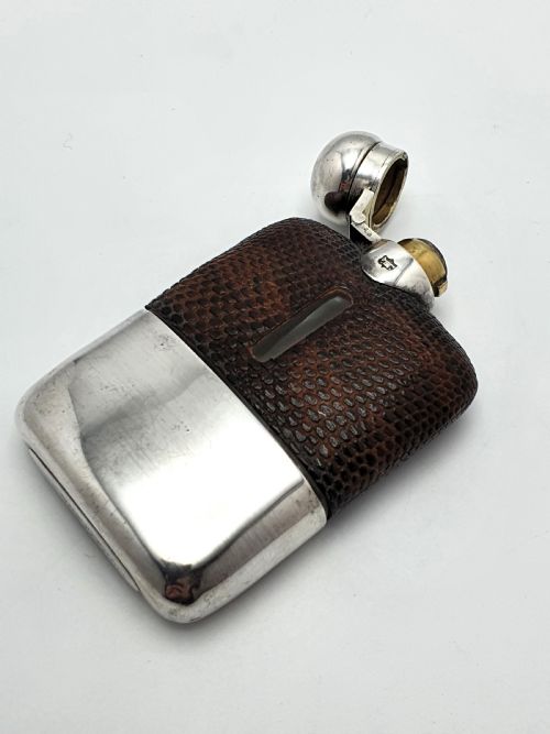 Handsome English Antique Silver Plate and Leather Hip Flask - circa 1920
