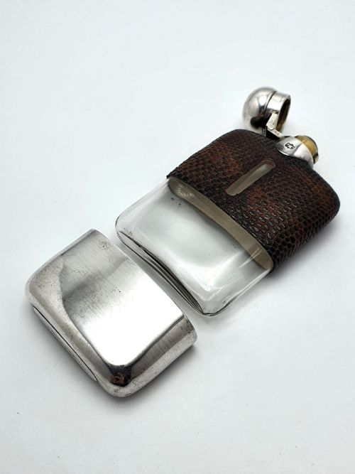 Handsome English Antique Silver Plate and Leather Hip Flask - circa 1920