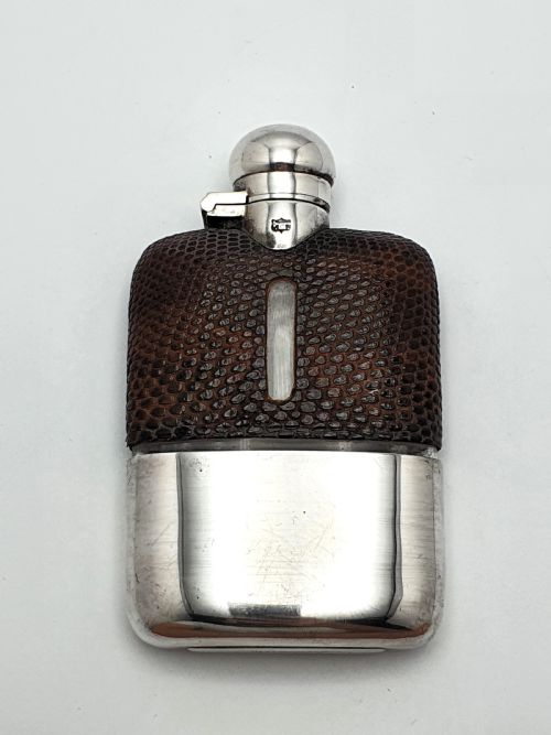 Handsome English Antique Silver Plate and Leather Hip Flask - circa 1920