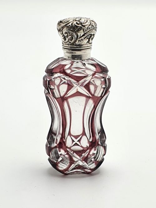 Pretty purple overlay cut glass scent bottle - English antique - circa 1880