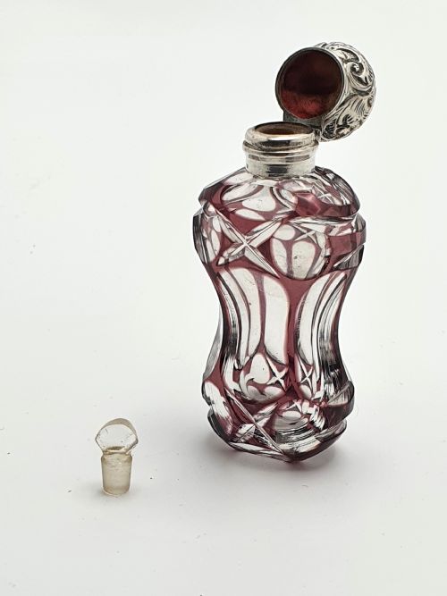 Pretty Purple Overlay Cut Glass Scent Bottle - English Antique - circa 1880