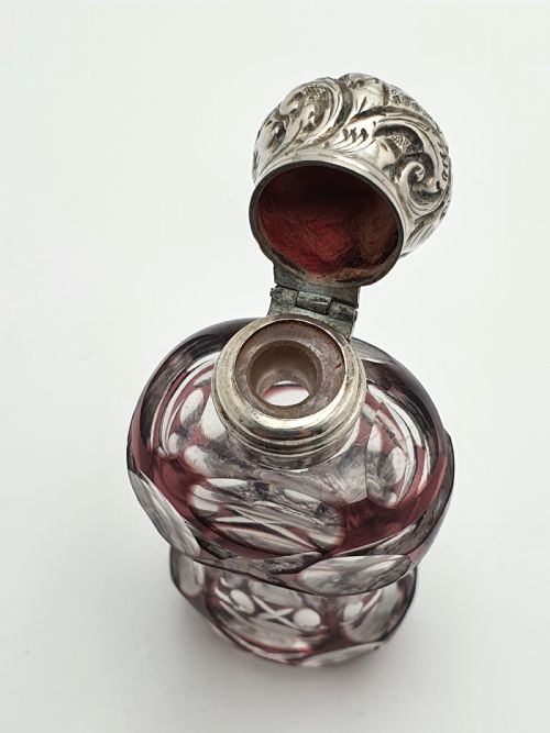 Pretty Purple Overlay Cut Glass Scent Bottle - English Antique - circa 1880