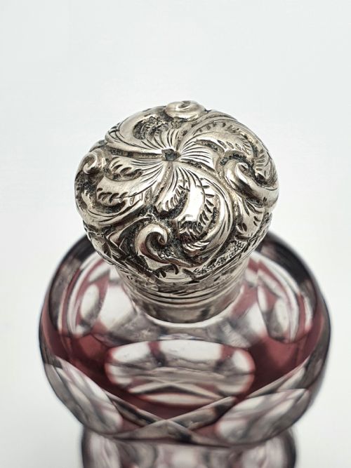 Pretty Purple Overlay Cut Glass Scent Bottle - English Antique - circa 1880