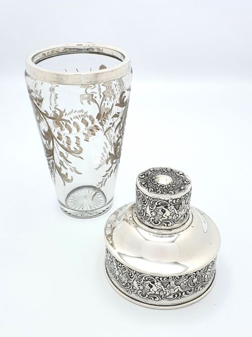 Atemberaubender großer amerikanischer Cocktailshaker aus Sterlingsilber und Glas – um 1900