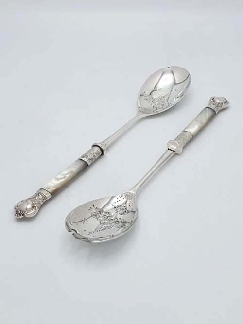 Superb Pair of Mother of Pearl Handled Salad Servers - circa 1920