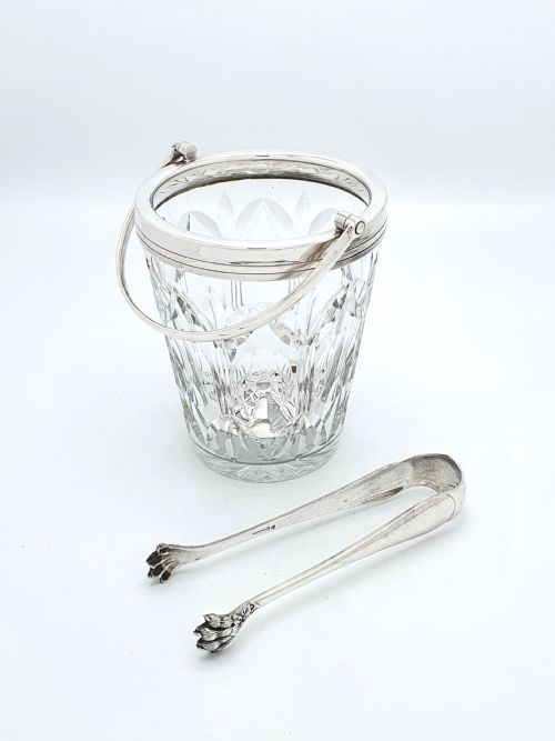 Fabulous English Cut Glass and Silver-Plated Ice Bucket and Tongs - circa 1930