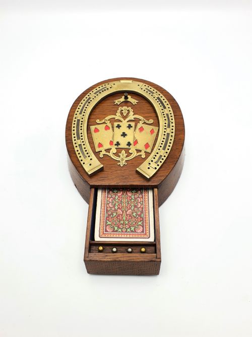 Prächtiges viktorianisches Cribbage-Brett aus Eiche und Messing – um 1890
