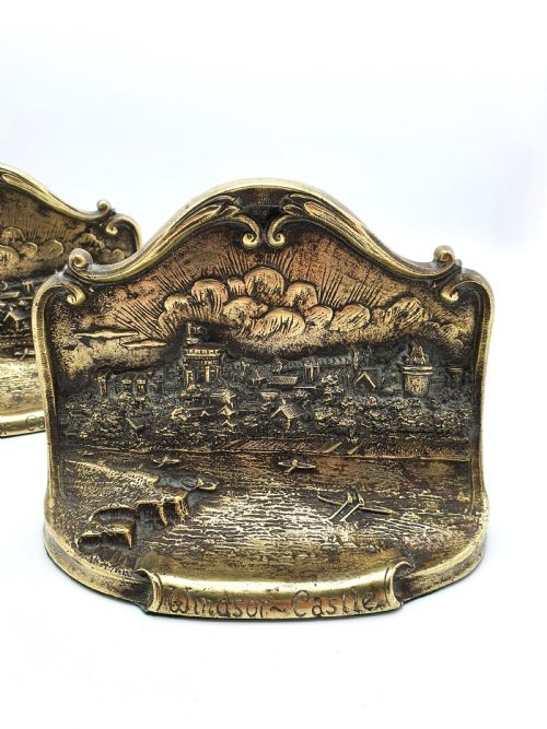 Unusual Pair of Windsor Castle Brass Bookends - circa 1905