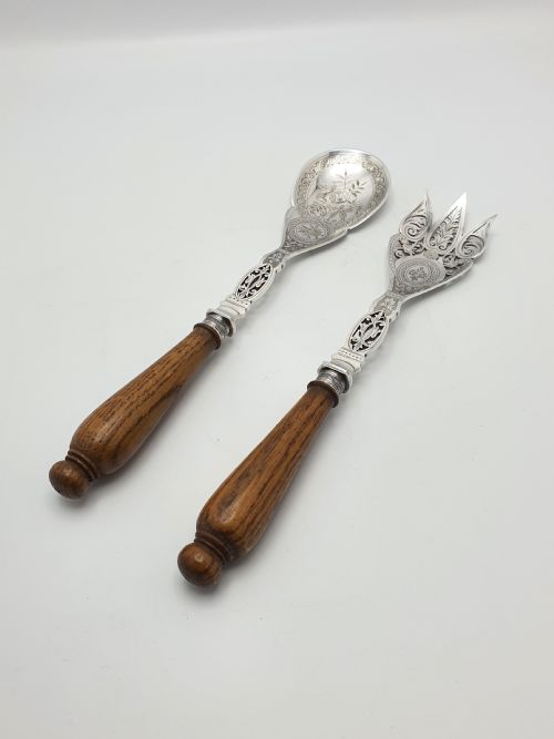 Fabulous Pair of Antique Oak Handled Salad Servers - circa 1880