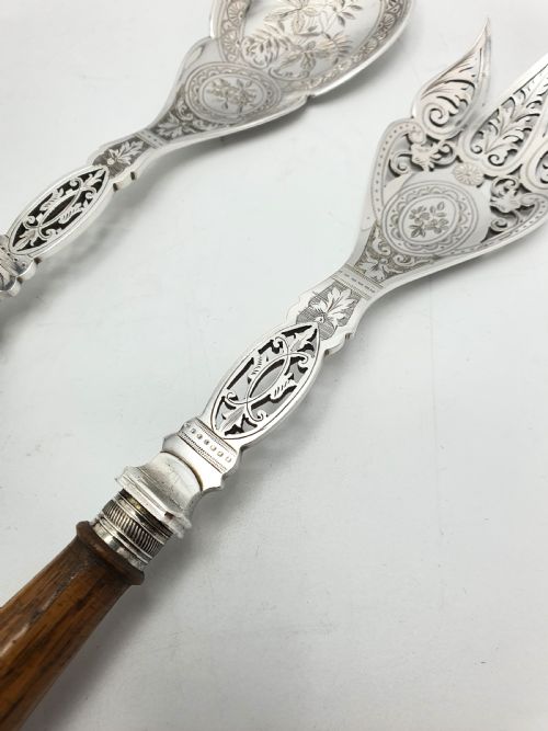 Fabulous Pair of Antique Oak Handled Salad Servers - circa 1880