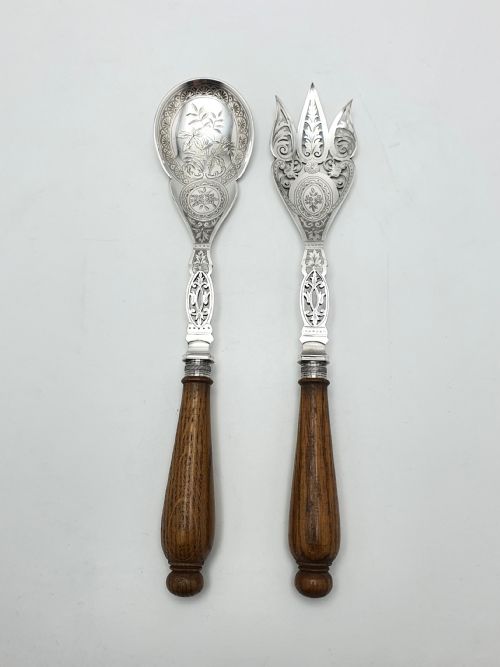 Fabulous Pair of Antique Oak Handled Salad Servers - circa 1880