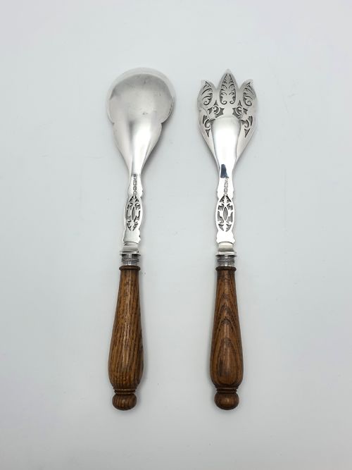 Fabulous Pair of Antique Oak Handled Salad Servers - circa 1880