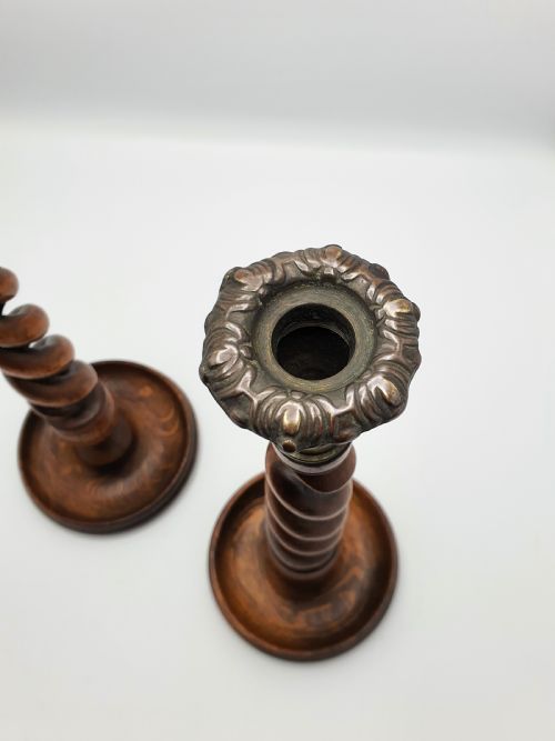 Lovely Pair of Oak Open Barley Twist Candlesticks - circa 1920