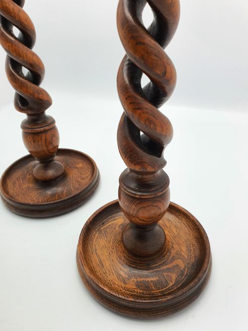 Lovely Pair of Oak Open Barley Twist Candlesticks - circa 1920