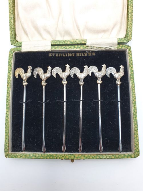 Nice Boxed Set of 6 Sterling Silver Cocktail Sticks - circa 1930