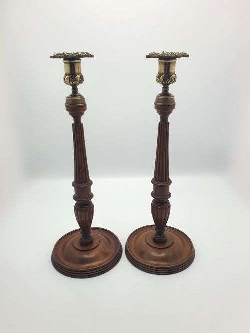 Superb Pair of Georgian Style Mahogany and Brass Candlesticks - circa 1920