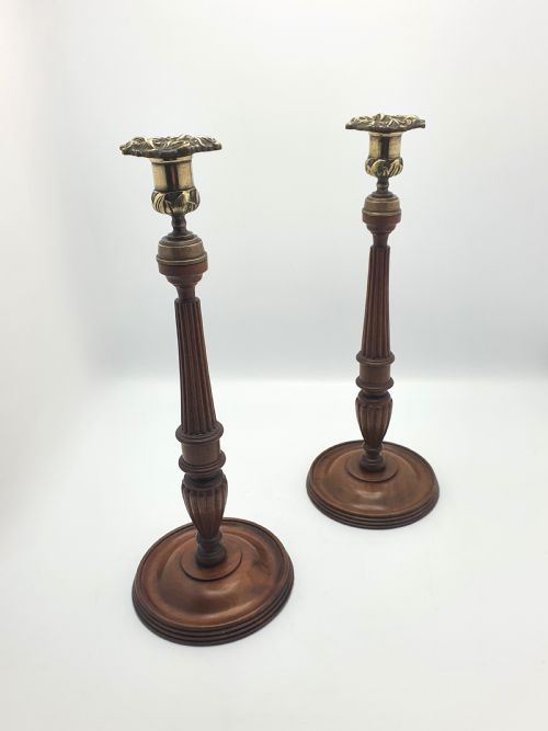 Superb Pair of Georgian Style Mahogany and Brass Candlesticks - circa 1920