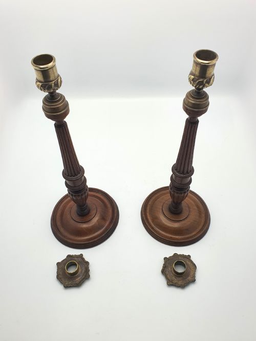 Superb Pair of Georgian Style Mahogany and Brass Candlesticks - circa 1920