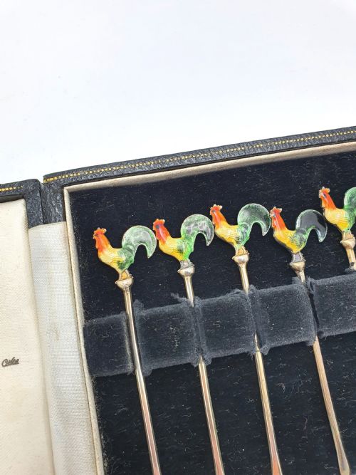 Beautiful Set of Enamelled and Silver Cocktail Sticks - circa 1930