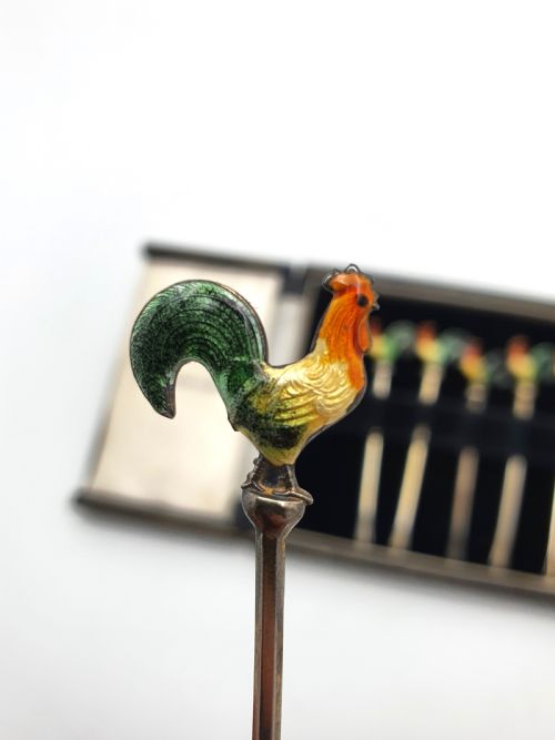 Beautiful Set of Enamelled and Silver Cocktail Sticks - circa 1930