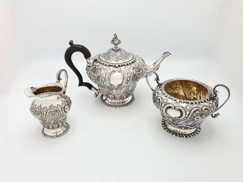 Fabulous Victorian Embossed Three-Piece Silver-Plated Tea Set - 1888
